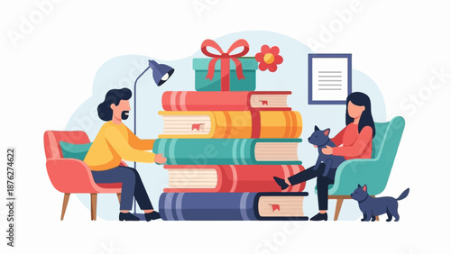 Two people, two cats, and a stack of books in a cozy indoor scene