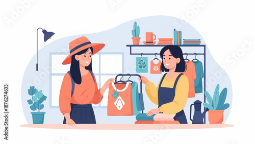 Two smiling women interact in a bright shop, one holding a shirt