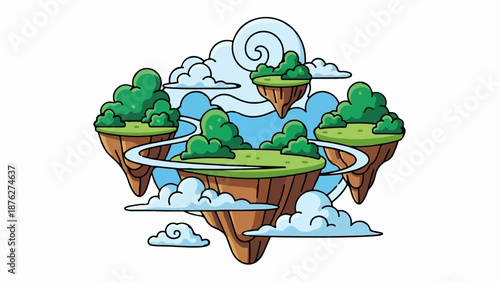 Whimsical floating islands with lush greenery and swirling clouds
