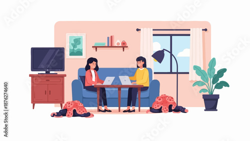 Two women work on laptops in a cozy living room, while grotesque, alien-like creatures lie defeated on the floor