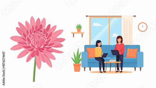 Two women work on laptops in a bright room with a large pink flower nearby