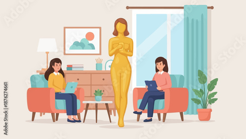 Two women work on laptops in a cozy living room with a golden statue