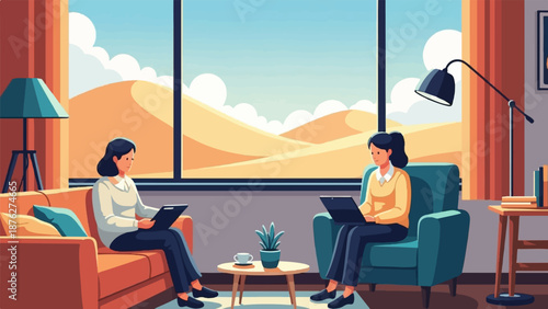 Two women work on laptops in a room overlooking sand dunes