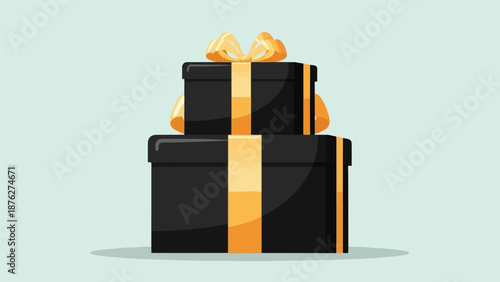 Two stacked black gift boxes with gold ribbons and bows on a light blue background