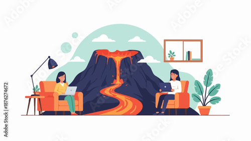 Two women work on laptops in comfortable chairs near a volcano eruption