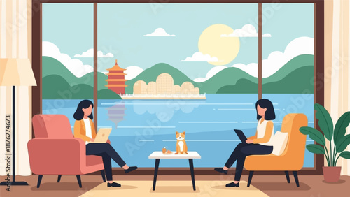 Two women work on laptops in armchairs, a dog sits on a table