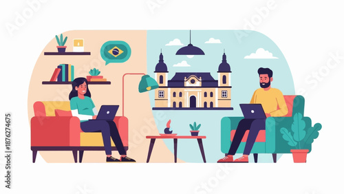 Two people sitting on chairs working on laptops with a building and flag illustration