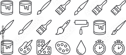 Set of painting tools and in line style paintbrushes