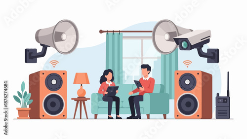 Two people sitting on a sofa, working on laptops, surrounded by audio equipment and surveillance cameras