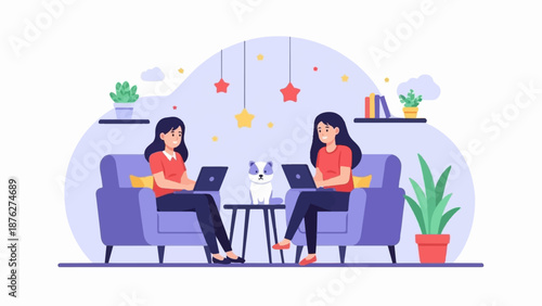 Two women work on laptops in comfy chairs with a dog and plants