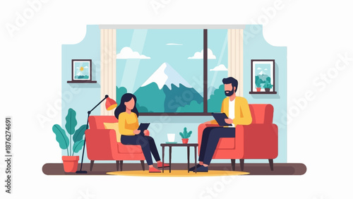 Two people sitting in chairs, looking at tablets, with a mountain view