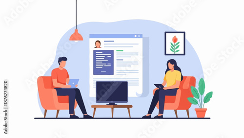 Two people sit in armchairs, working on laptops, with a large resume on display