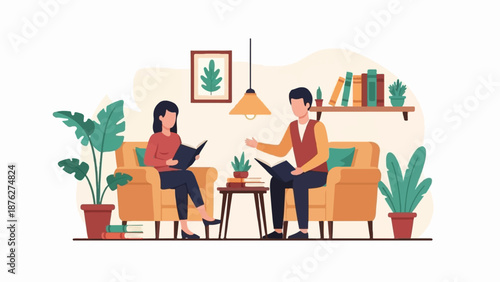Two people sit in armchairs reading books in a cozy living room with plants