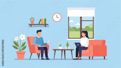 Two people sit in armchairs in a room with a window looking out to a green landscape