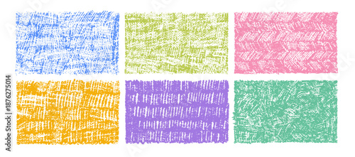Hand-drawn square frames with pastel chalk textures, distressed borders, and scribbled strokes, perfect for kindergarten templates, artistic designs. Color vector illustration.