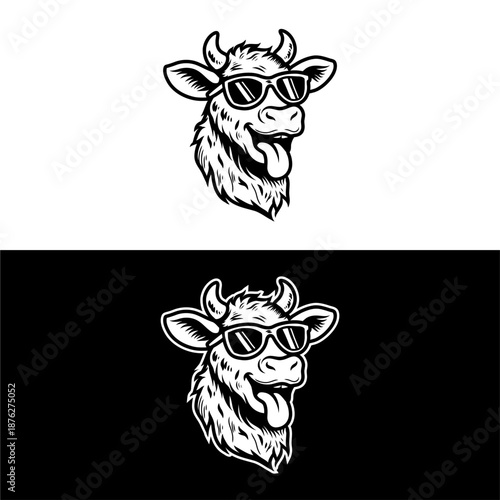 Cool Cow Head Wearing Sunglasses Tongue Out Black and White Line Art Vector Illustration