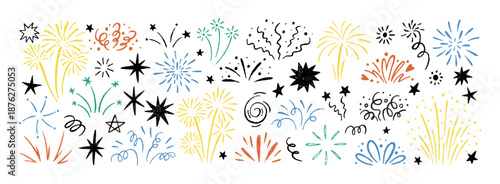 Hand-drawn firework doodles with colorful crayon textures. Festive star bursts and confetti patterns. Vector illustration.