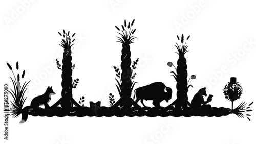 Whimsical silhouette of wild animals and plants in a stylized landscape.