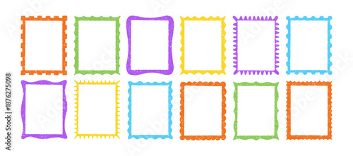 Colorful crayon frames and doodle borders with childish charm. Hand-drawn boxes perfect for creative designs, school projects, and playful text layouts. Color vector illustration.