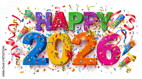 Happy New Year 2026: Bold 3D Cartoon Typography Celebration With Confetti and Streamers