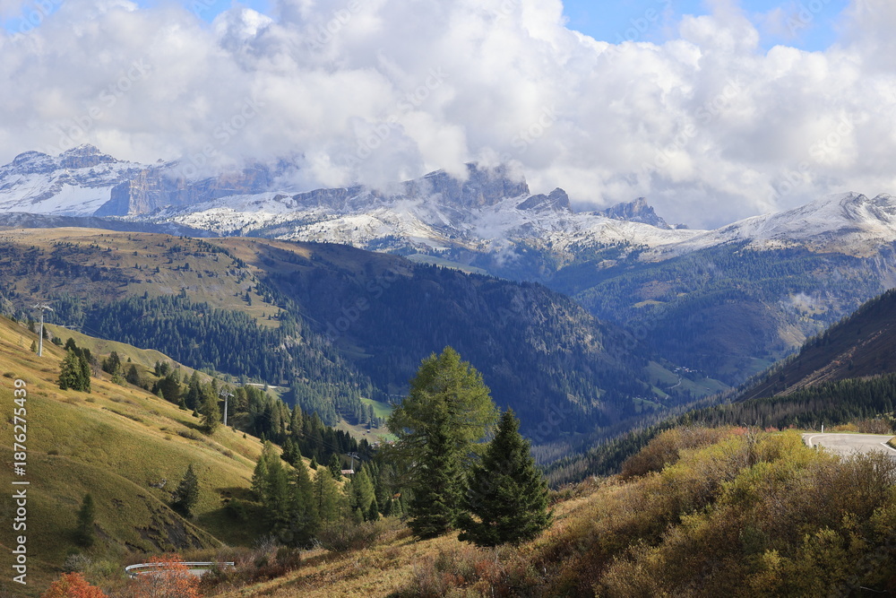 Fototapeta premium Dolomite landscape at Sass Pordoi - Pordoi Pass- Strada Statale 48 delle Dolomiti, South Tyrol, Italy