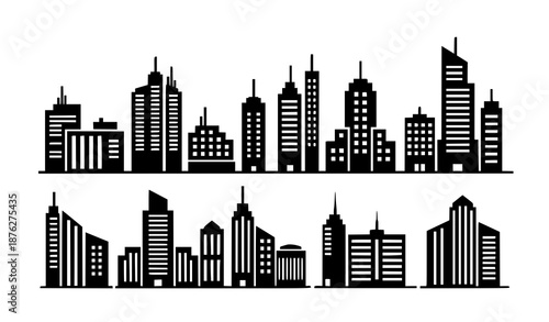 Minimal metropolis building icons with solid urban architecture symbols vector
