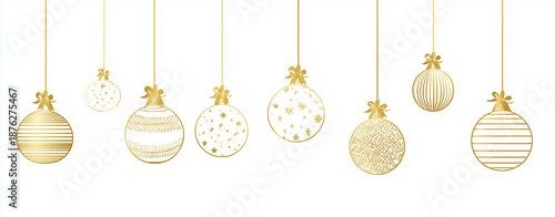 Golden Christmas Ornaments Hanging on White Background for Festive Holiday Decor
