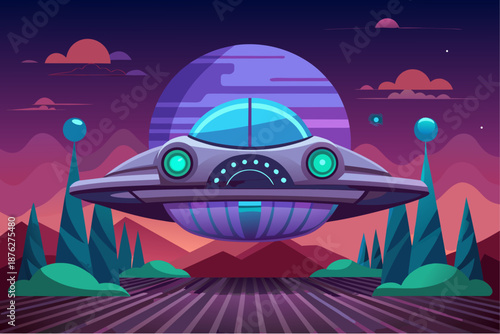 Futuristic flying saucer hovering above an alien landscape with glowing lights and a surreal sunset sky