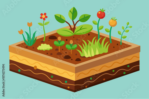 Colorful illustration of a garden bed with layers of soil and various plants, flowers, and vegetables growing on top
