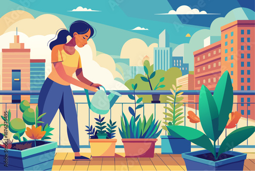 Young woman watering potted plants on a balcony garden in a colorful urban setting under a sunny sky