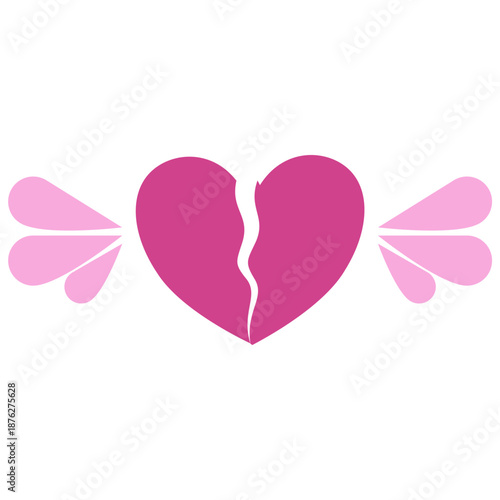 Broken heart symbol with pink wings on white background.