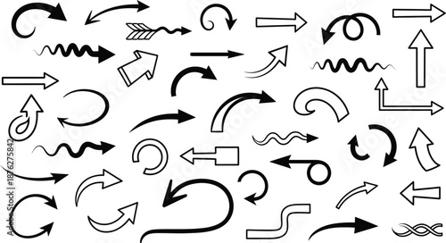 Creative collection of sketchy hand-drawn black arrows and swirls for decorative design