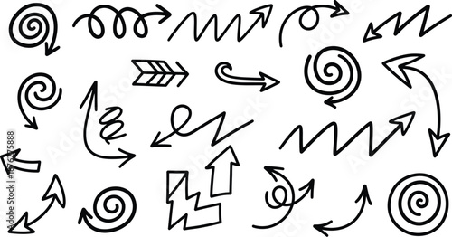 Set of decorative hand-drawn arrows and curly lines for creative layouts and presentations