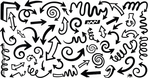 Extensive set of black hand-drawn arrow doodles with spirals, loops, and geometric shapes