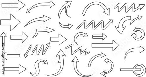 Collection of simple black outline arrows in both geometric and hand-drawn sketch styles