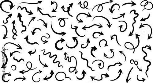 Extensive collection of sketchy black arrows and curved doodle symbols for creative visual presentations