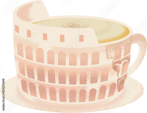 Creative coffee cup illustration shaped like the Roman Colosseum landmark