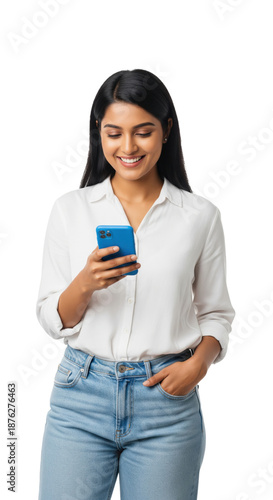 Young corporate woman using smartphone on white background  © PRASANNAPIX