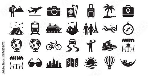 Travel and tourism vector icon set featuring holiday and vacation symbols