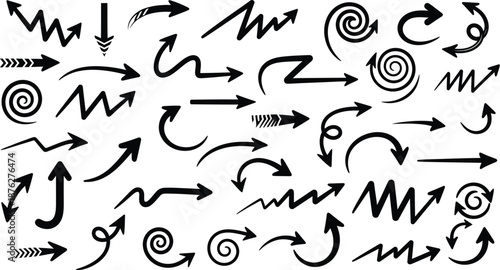 Diverse collection of sketched black arrows including zigzags, spirals and dotted lines