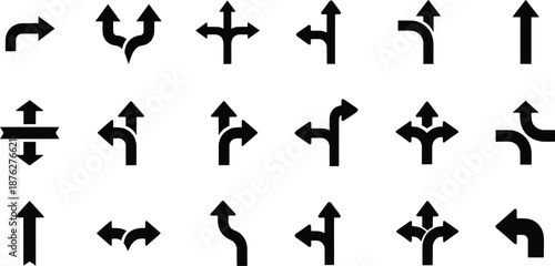 Set of black vector arrow icons indicating various directions and navigation paths