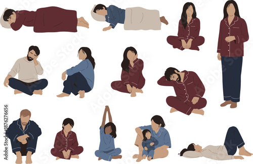Morning routine and sleepwear characters set with people waking up and resting in pajamas