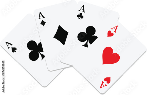 Four aces playing cards fan arrangement featuring heart diamond club spade symbols isolated on white background casino illustration