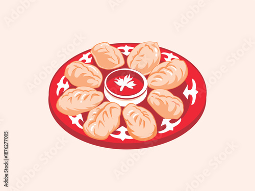 Uzbek dumplings manti on traditional plate vector illustration