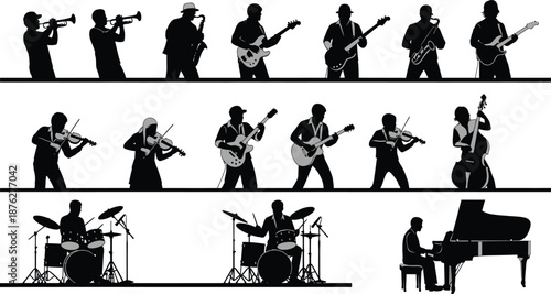 Silhouette collection of professional musicians playing instruments in a band or orchestra
