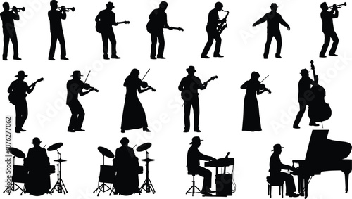 Set of music performer silhouettes with various instruments on white background for concert posters