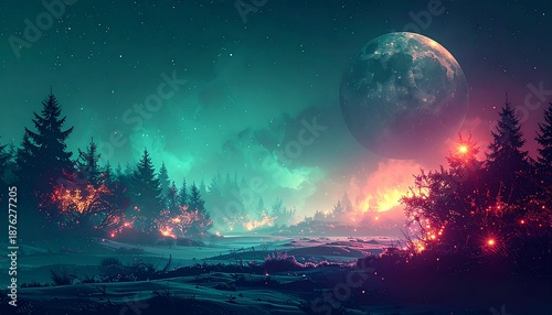 Mystical Forest Landscape with a Giant Moon, Glowing Lights, and Nebula Sky