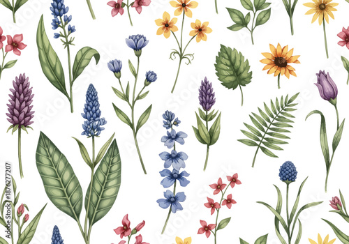 Elegant Botanical Seamless Pattern Featuring Hand-Painted Watercolor Wildflowers and Herbs for Textile Design