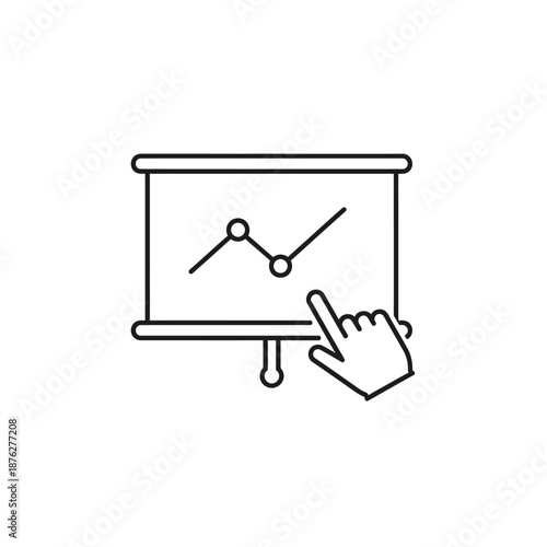 Presentation board with line graph and cursor hand icon, business analytics concept