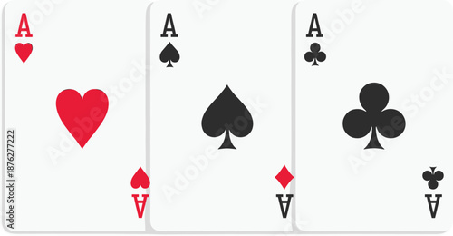 Three Aces Playing Cards Illustration Featuring Hearts Spades and Clubs Symbols Isolated on White Background Casino Concept